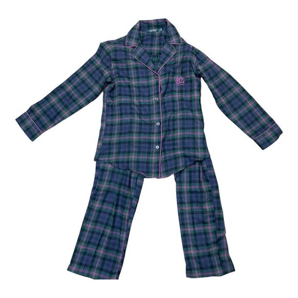 Lauren Ralph Lauren Blue Pink Flannel Pjs Top Pant Monogram RLR Classic EUC Sz S - Picture 1 of 9